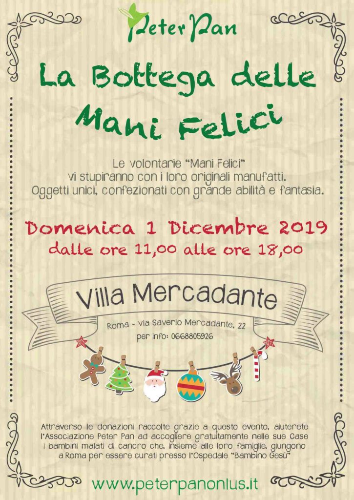 Torna il Mercatino natalizio di Peter Pan con i manufatti delle Mani Felici il 1 dicembre a Roma