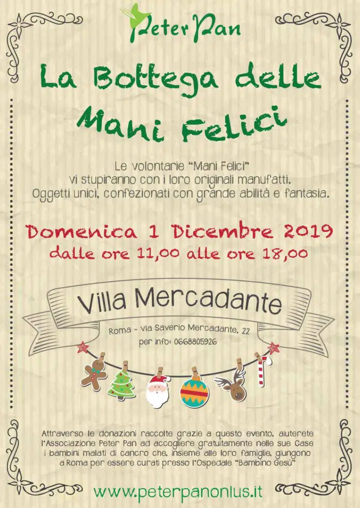 Torna il Mercatino natalizio di Peter Pan con i manufatti delle Mani Felici il 1 dicembre a Roma