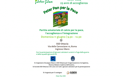 Peter Pan per la Pace: domenica 11 giugno una partita di calcio per celebrare la pace e 23 anni di accoglienza