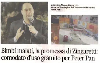 Bimbi malati, la promessa di Zingaretti: comodato d’uso gratuito per Peter Pan