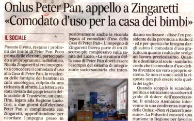 Il Messaggero – Onlus Peter Pan, appello a Zingaretti “Comodato d’uso per la Casa dei bimbi”