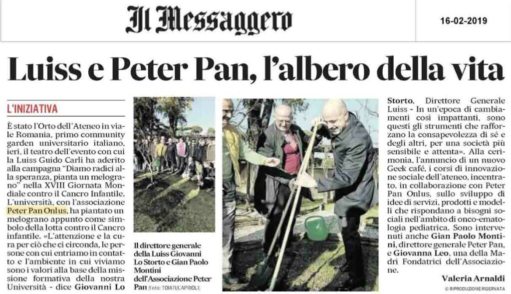 Peter Pan pianta un melograno alla LUISS in occasione della Giornata Mondiale contro il cancro infantile