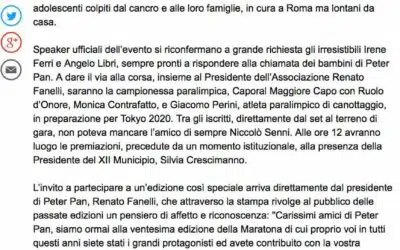 “Corriamo insieme a Peter Pan”: articolo sul Messaggero.it