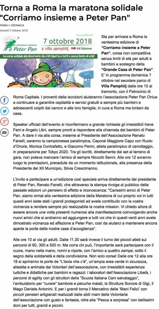 Articolo del Messaggero di Roma su evento maratona di Peter Pan