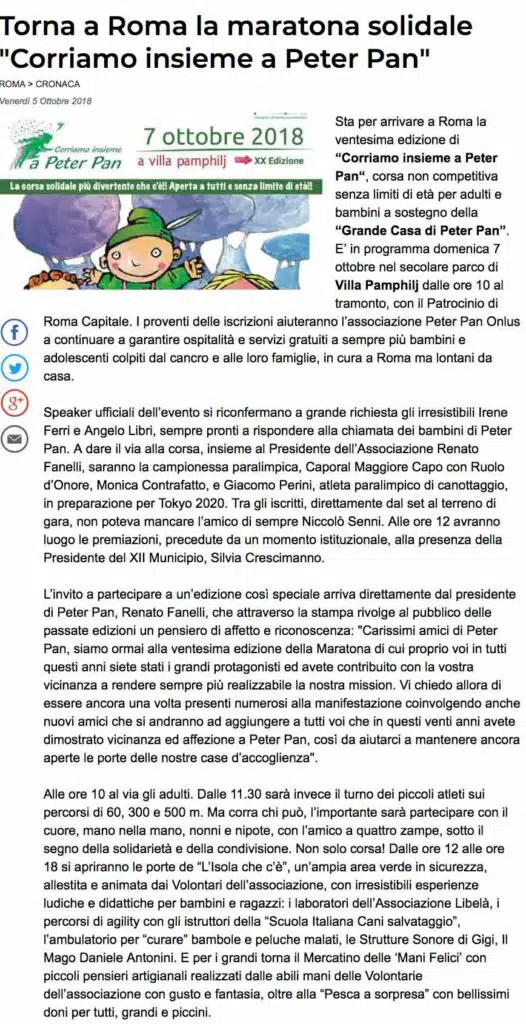 Articolo del Messaggero di Roma su evento maratona di Peter Pan