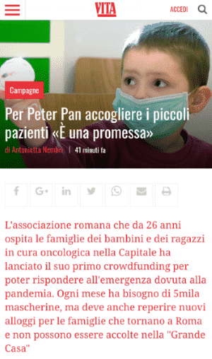 articolo su Vita sulla campagna di crowdfunding di Peter Pan